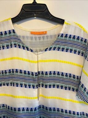 Oliphant White Dress with Blue, Yellow, light blue Stripes